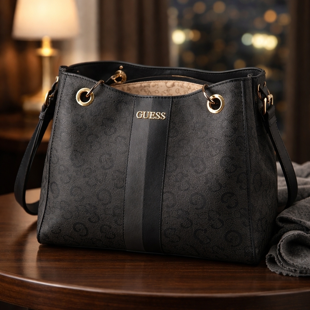 GUESS Black Logo-Print Shoulder Tote with Center Stripe